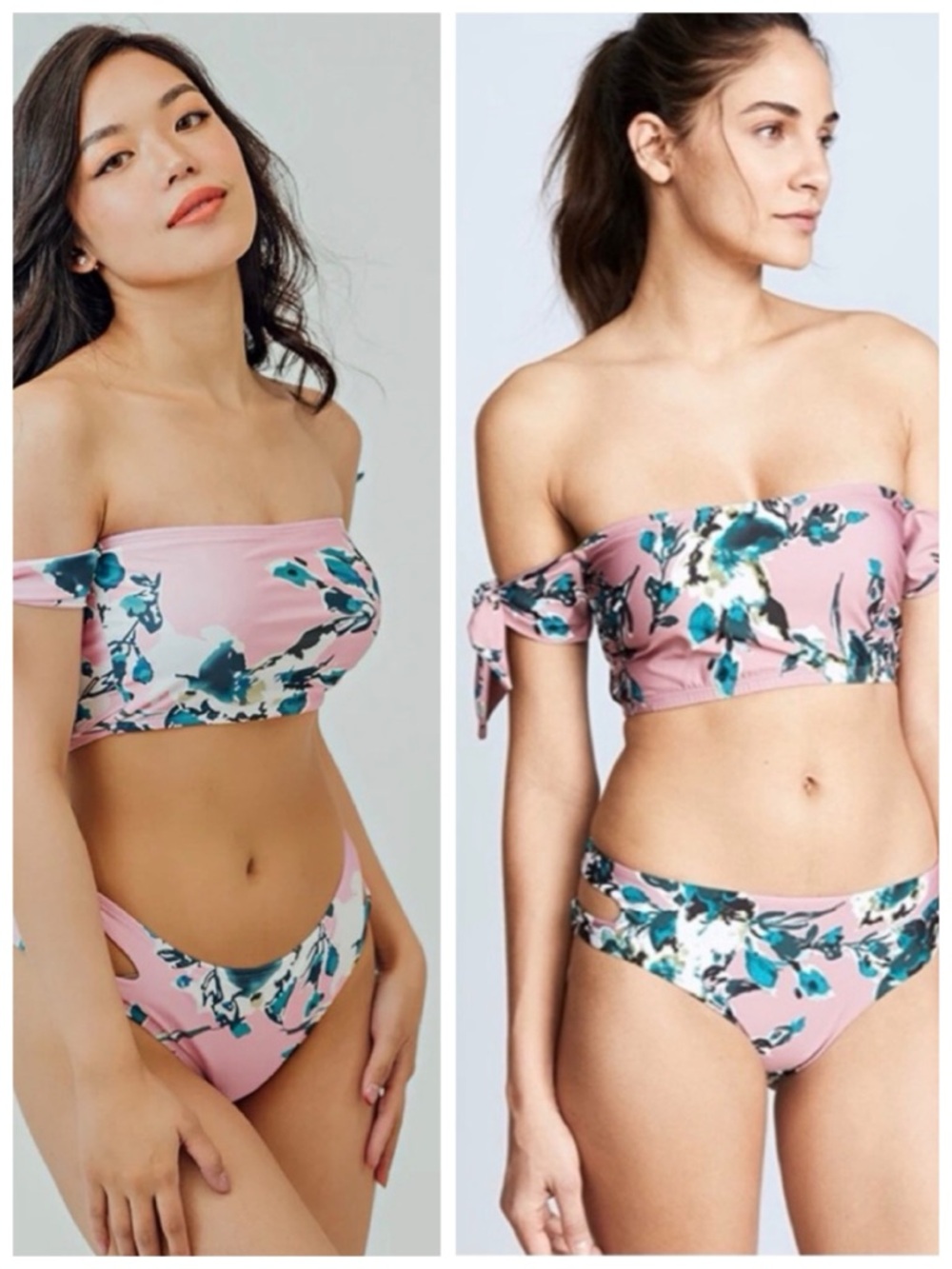 Splendid Watercolor Floral Off-Shoulder Bandeau Top Bikini Swim Set, Pink sz. XS